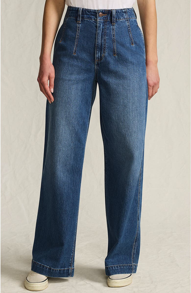 Lands' End Petite Soft Denim High Rise Wide Leg Top Stitch Trousers, Main, color, Indigo Tide Blue