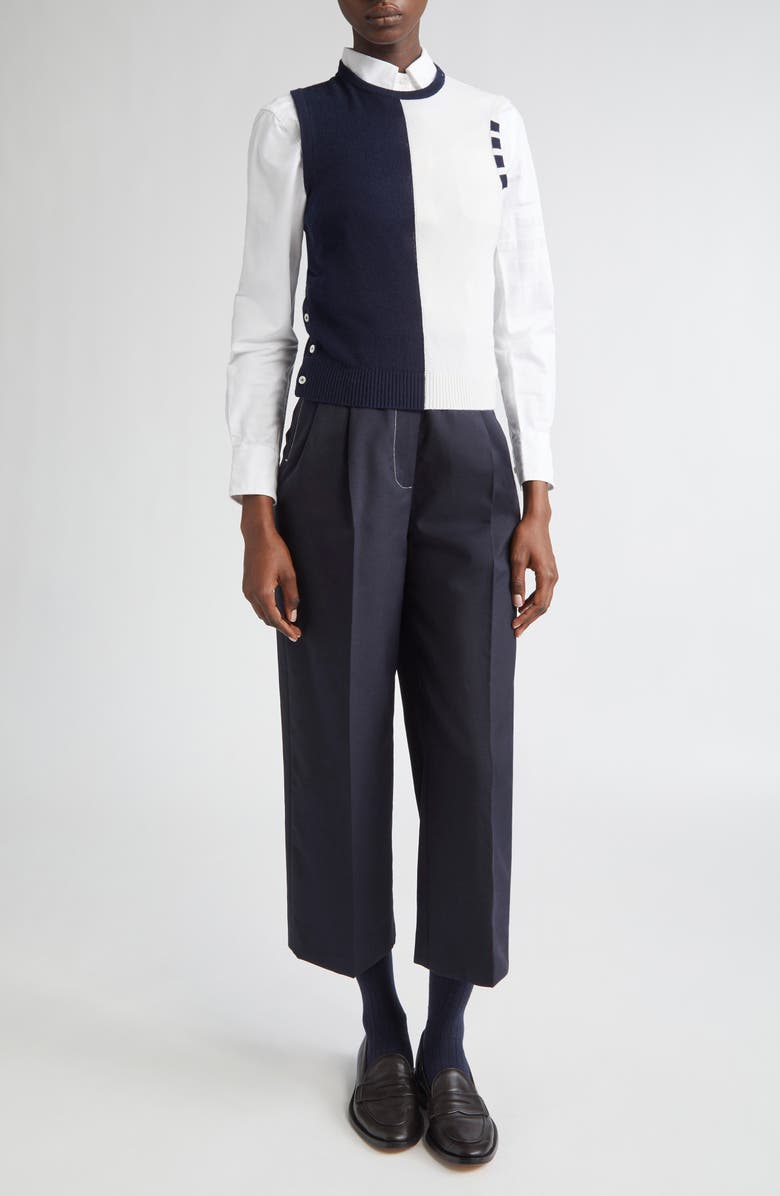 Thom Browne 4-Bar Crop Cashmere Sweater, Alternate, color, Navy/ White