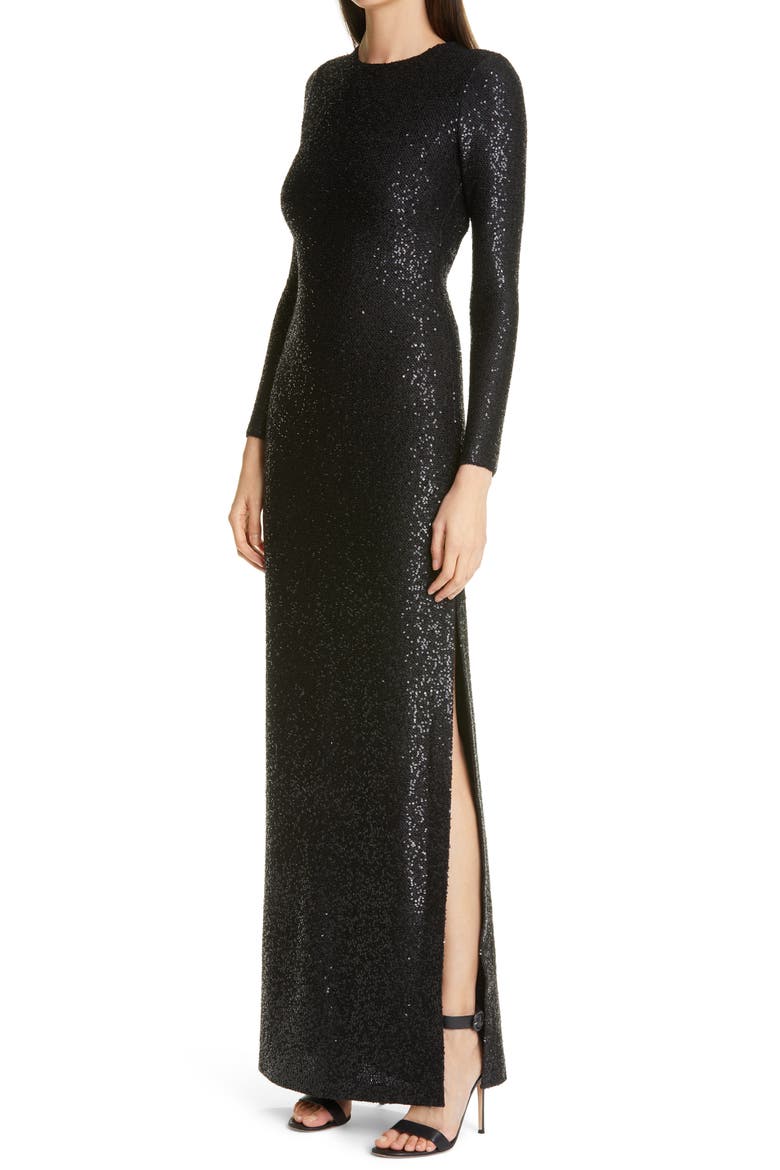 Sequin Open Back Long Sleeve Gown, Alternate, color, BLACK