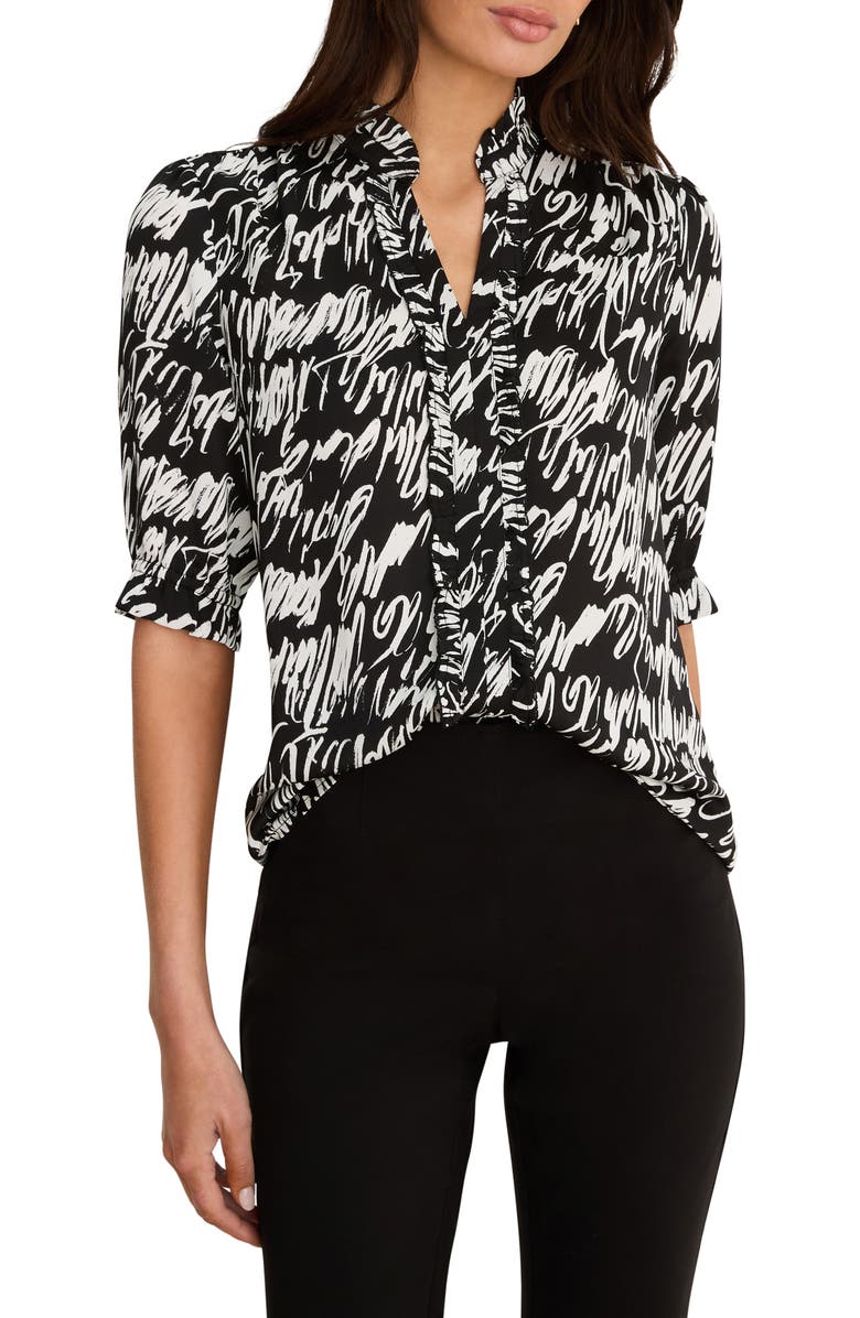 NIC+ZOE Cursive Print Chiffon Top, Main, color, Black Multi