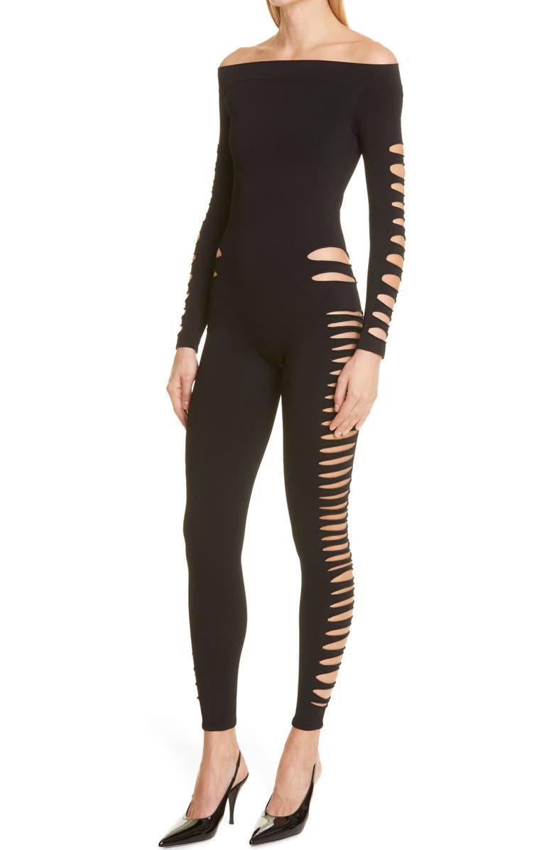 Saint Laurent Off the Shoulder Cutout Catsuit, Alternate, color, 