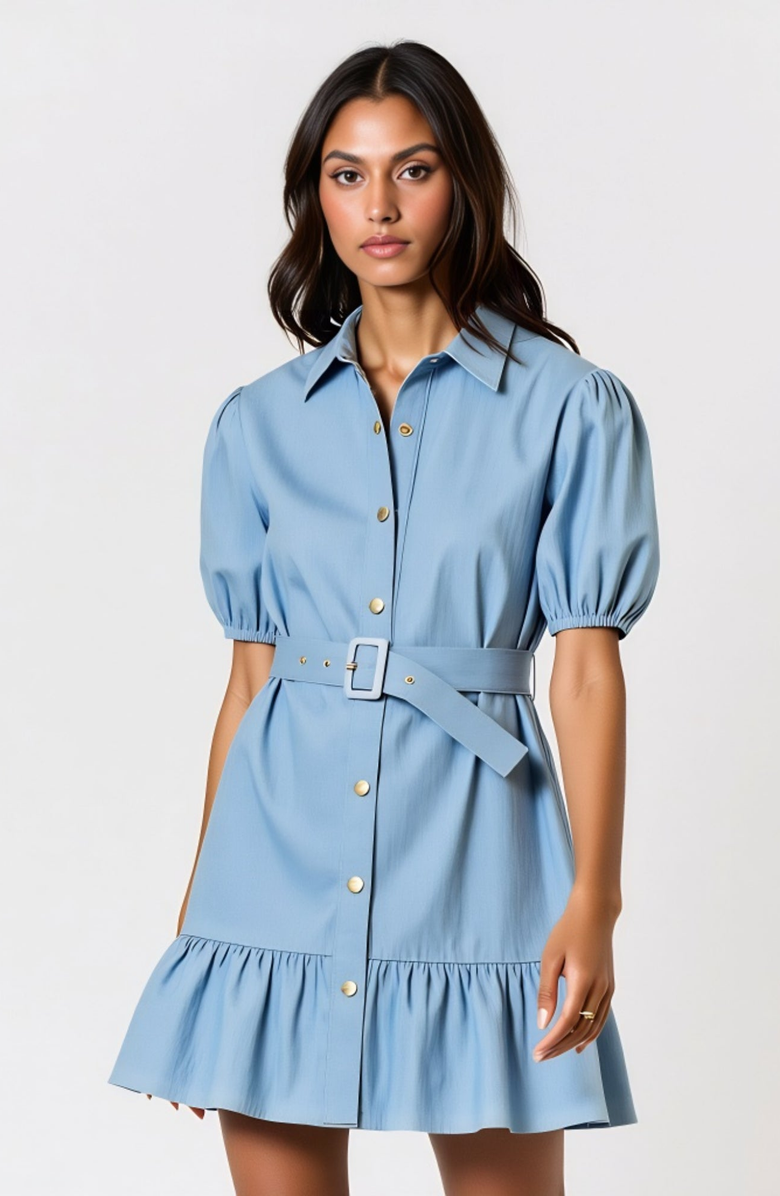 Modenaire Short Sleeve Belted Button-Up Mini Dress with Puff Sleeves, Alternate, color, Blue