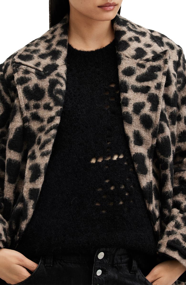 AllSaints Mabel Leopard Print Double Breasted Coat, Alternate, color, 