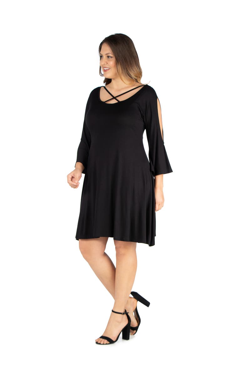 24seven Comfort Apparel Criss Cross Neckline Cold Shoulder Dress, Alternate, color, Black