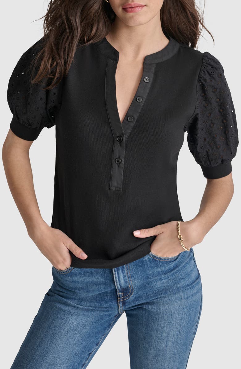DKNY Jeans Eyelet Sleeve Rib Henley Top, Main, color,