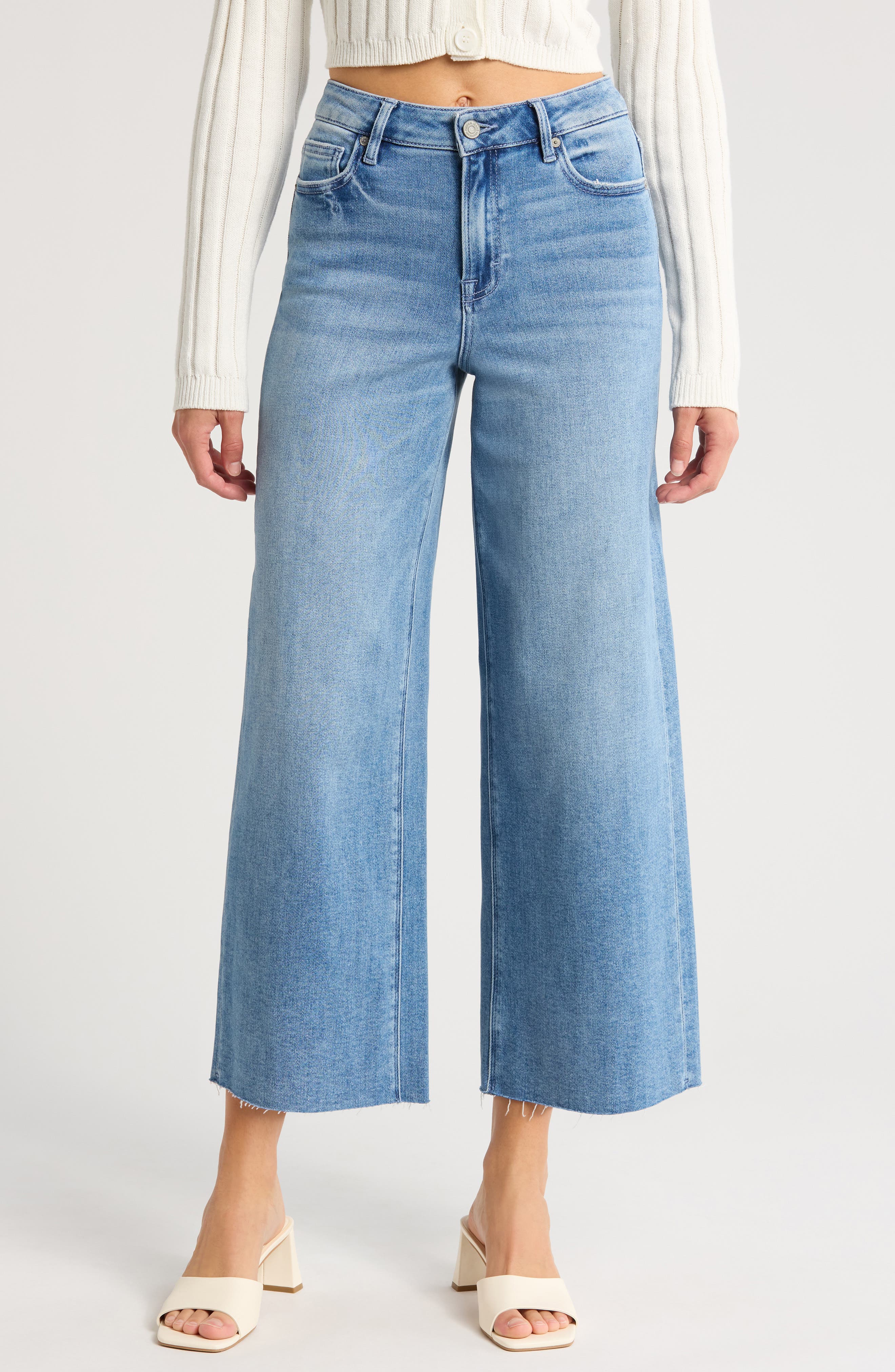 Marks & Spencer Women's High Waist Raw Hem Wide Leg Jeans – 65% Cotton 35% Lyocell, Short/Reg/Long