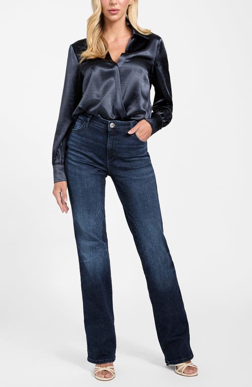 Guess Leah Long Sleeve Satin Bodysuit In Blue
