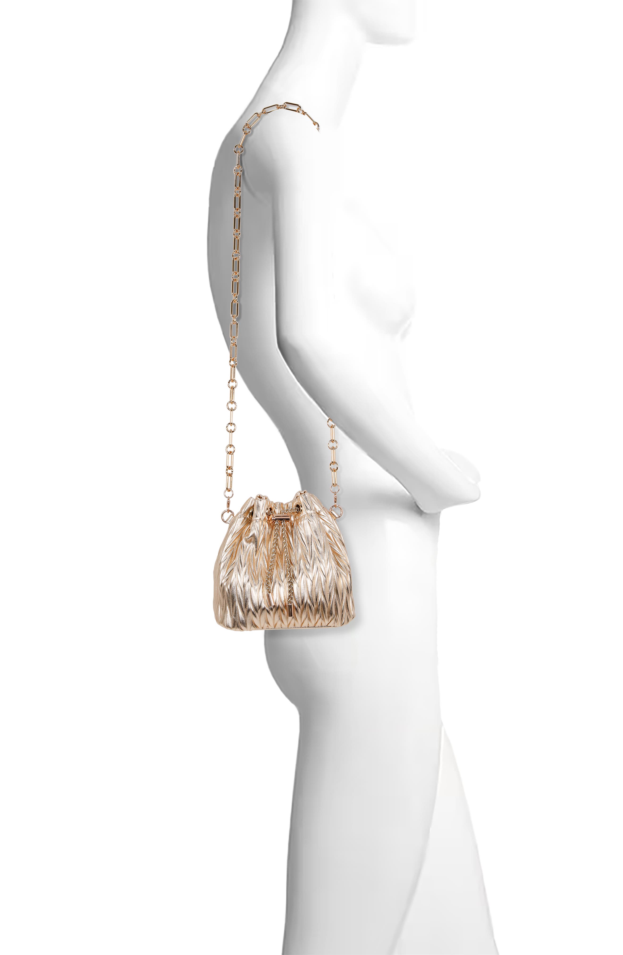 Jewel Badgley Mischka Diana Chevron Pleated Metallic Bucket Bag, Alternate, color, Gold