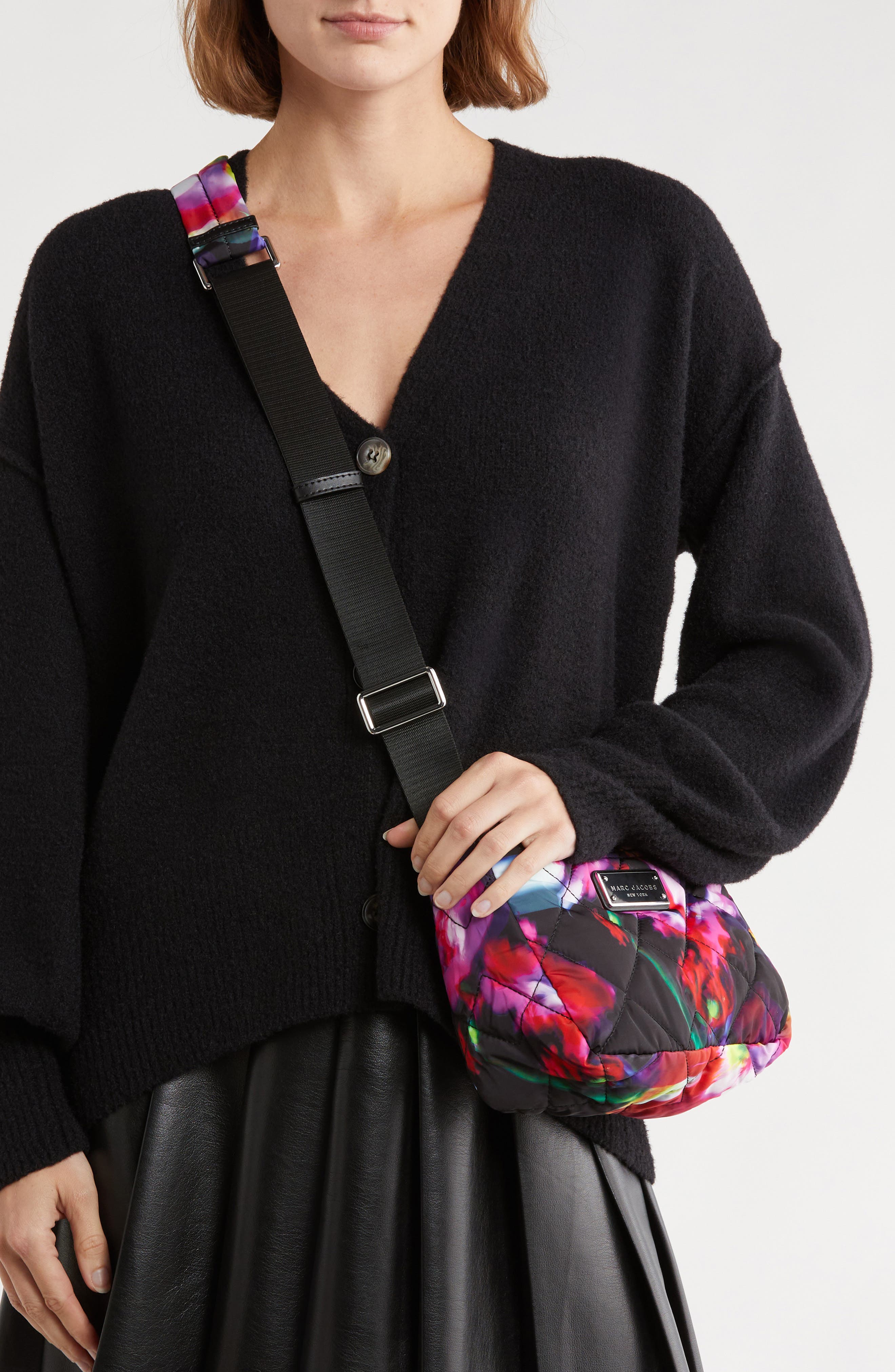 Marc Jacobs Floral Print Quilted Nylon Crossbody Bag, Alternate, color, Black Multi