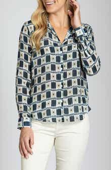 Abstract Print Roll Tab Sleeve Chiffon Button-Up Shirt
