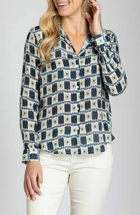 Abstract Print Roll Tab Sleeve Chiffon Button-Up Shirt