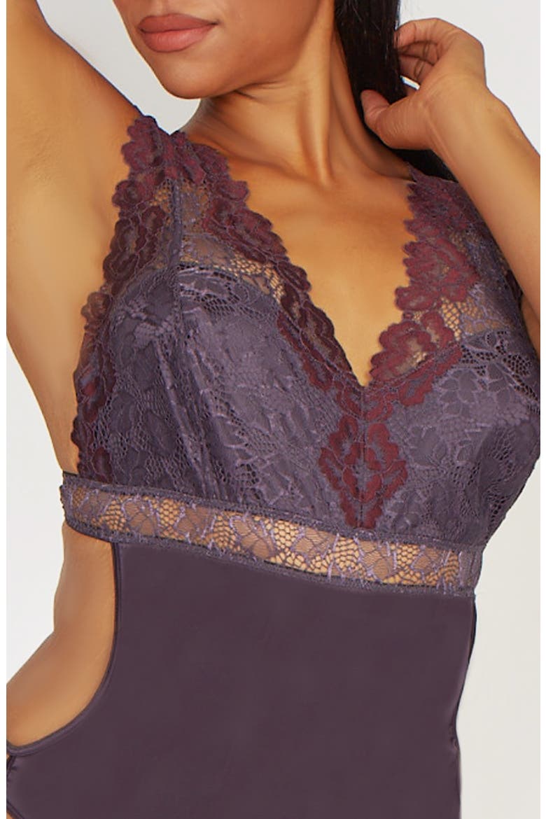 Lace Bodice Cutout Stretch Satin Teddy, Alternate, color, Magnet