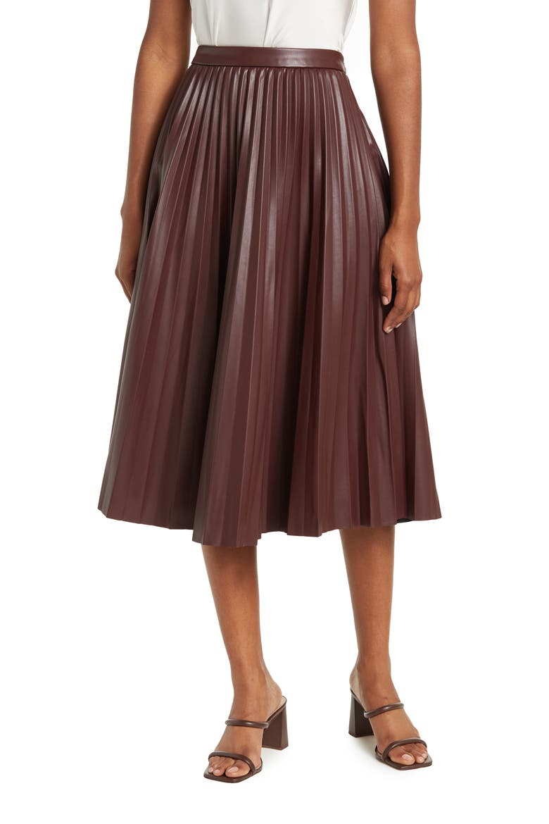Faux Leather Pleated Midi Skirt, Main, color, BURGUNDY