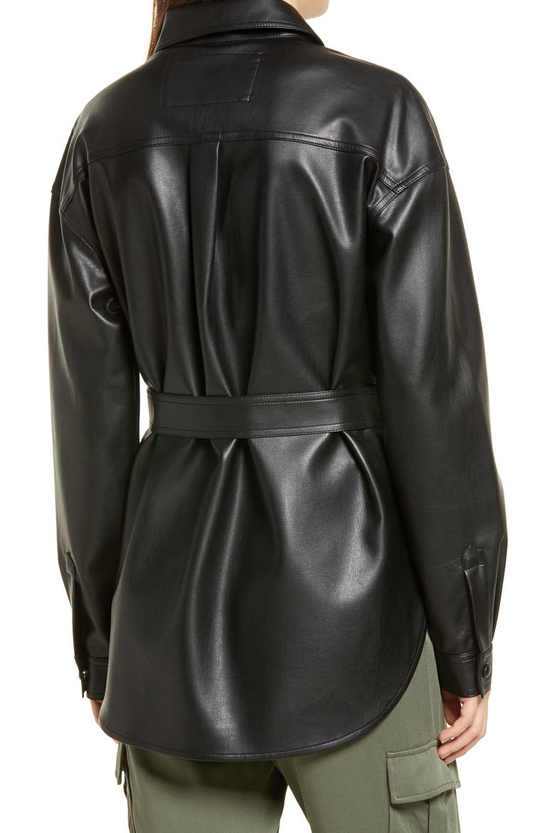 Faux Leather Belted Shirt Jacket, Alternate, color, BLACK