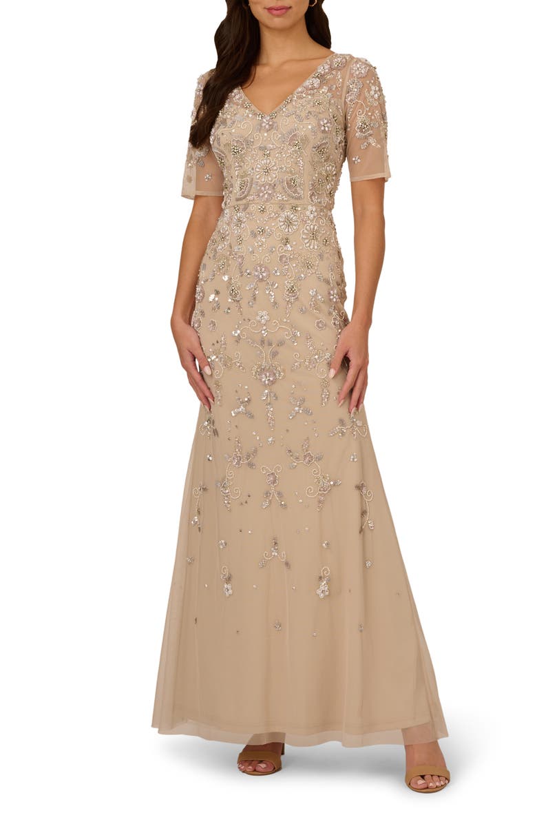 Adrianna Papell Beaded Mesh Gown, Main, color, Biscotti