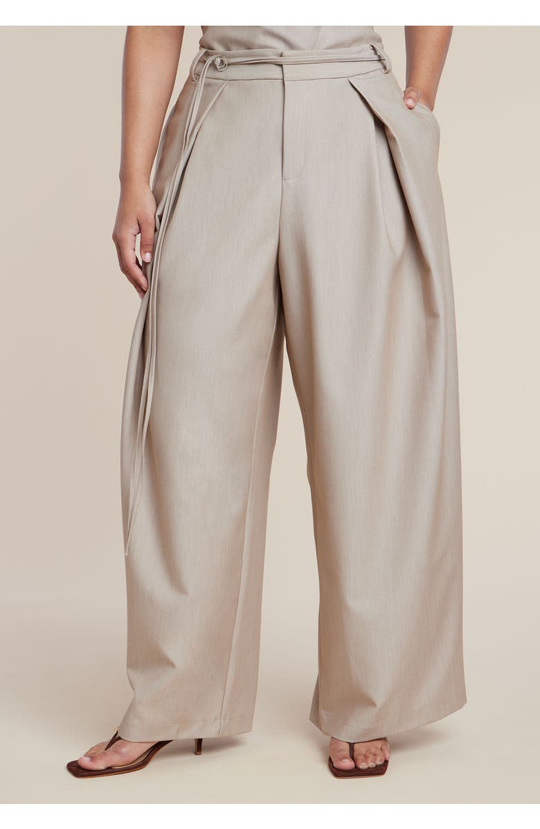 ELOQUII Pleat Detail Trouser With Long Belt, Alternate, color, Neutral