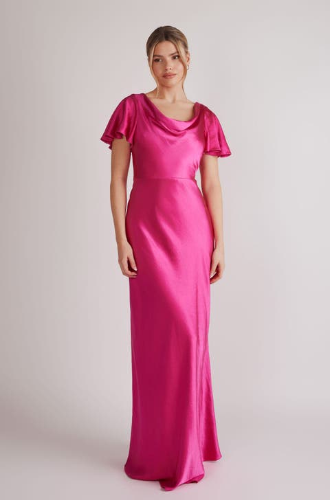 Flutter Sleeve Satin Bridesmaid Dress