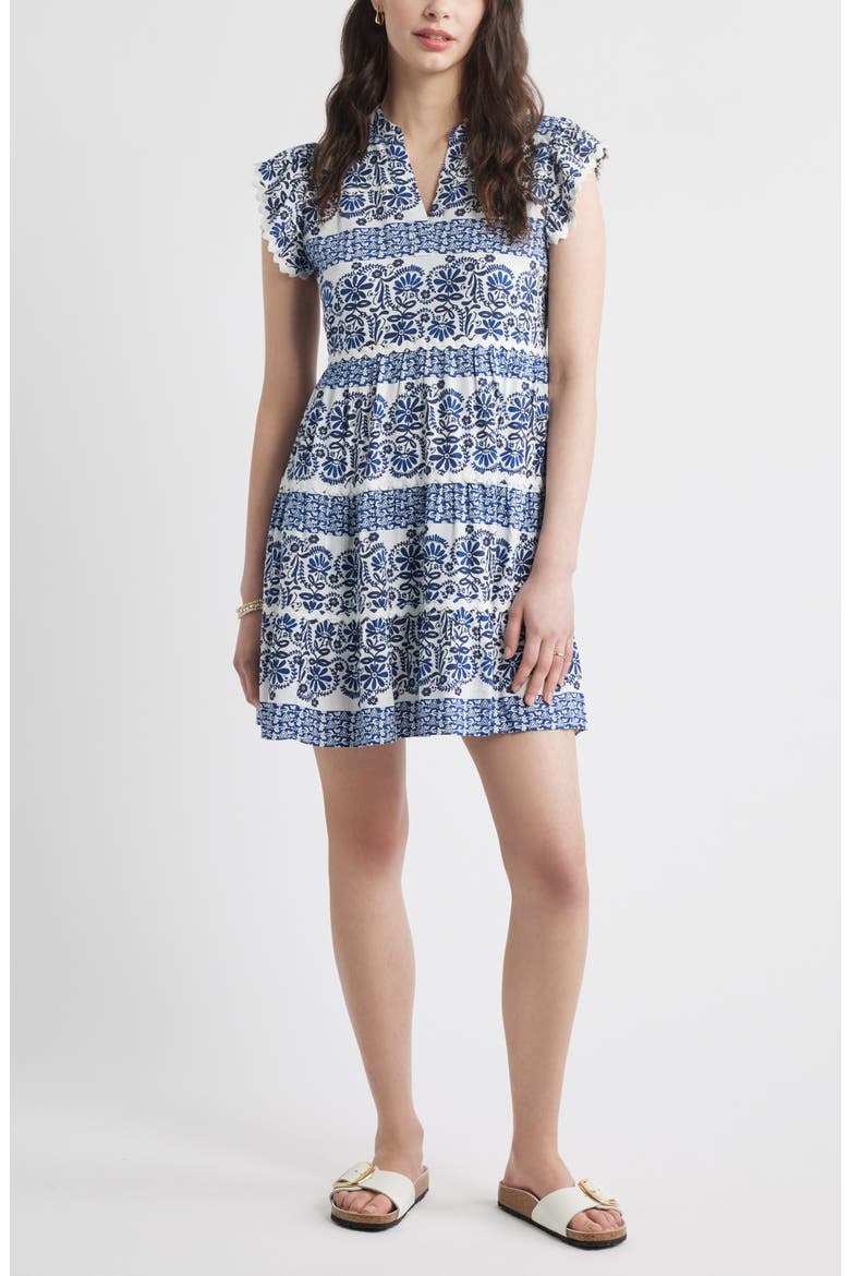 Ruffle Trim Linen Blend Shift Dress, Main, color, IVORY- BLUE NAVY BORDER BLOOM