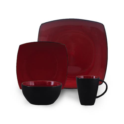 Gibson 16 Piece Square Stoneware Dinnerware Set In Red