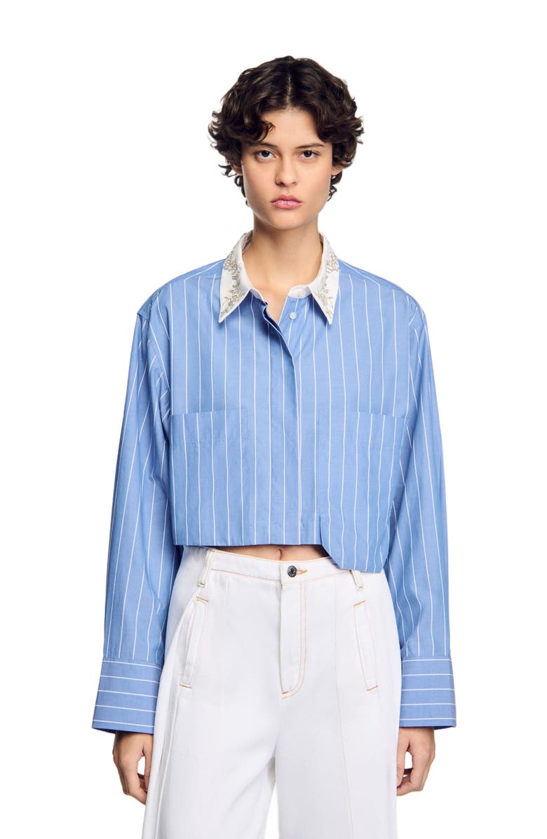 SANDRO Striped cropped shirt with rhinestone, Alternate, color, 