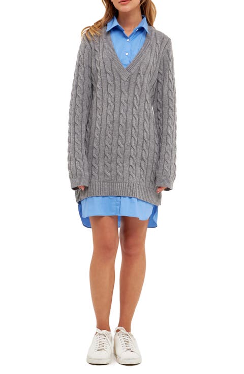 Mixed Media Cable Stitch Long Sleeve Sweater Dress