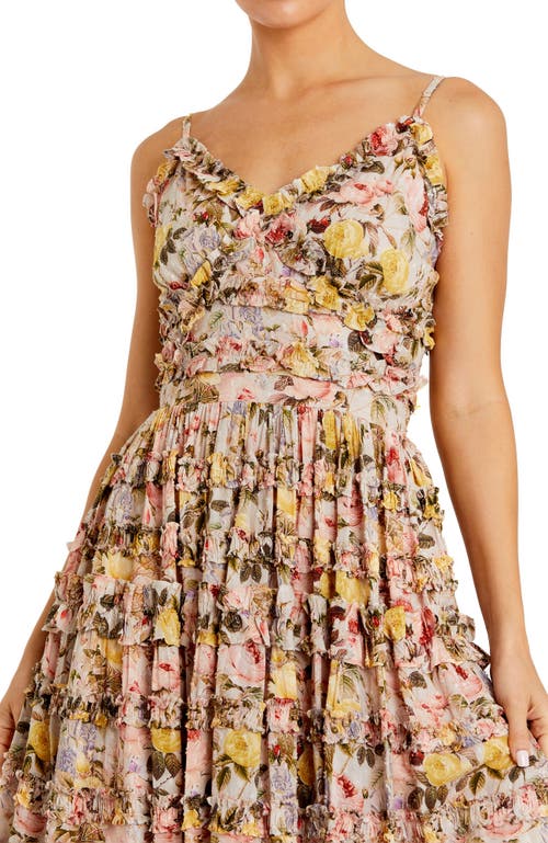 Mac Duggal Floral Print Ruffle Tiered Midi Dress In Ivory Multi