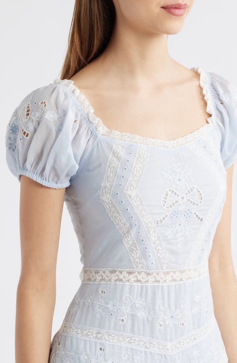 LoveShackFancy Belvine Lace & Eyelet Detail Cotton Minidress, Alternate, color, Pale Blue