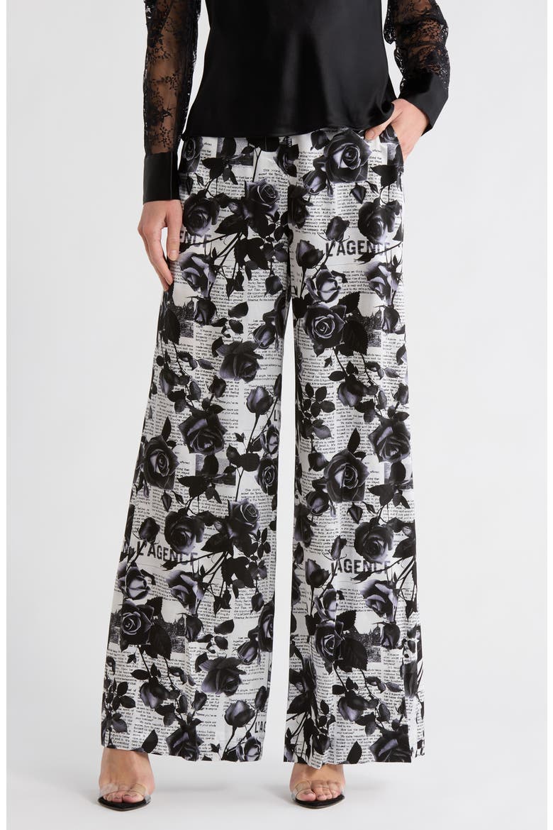 Gavin Floral Wide Leg Silk Pants, Main, color, WHITE/BLACK ROSE NEWSPAPER