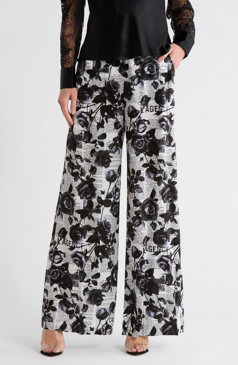 L'AGENCE Gavin Floral Wide Leg Silk Pants, Main, color, White/ Black Rose Newspaper
