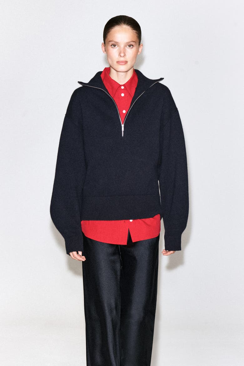 Merino Wool Mock-neck Zip-up Sweater, Main, color, NAVY