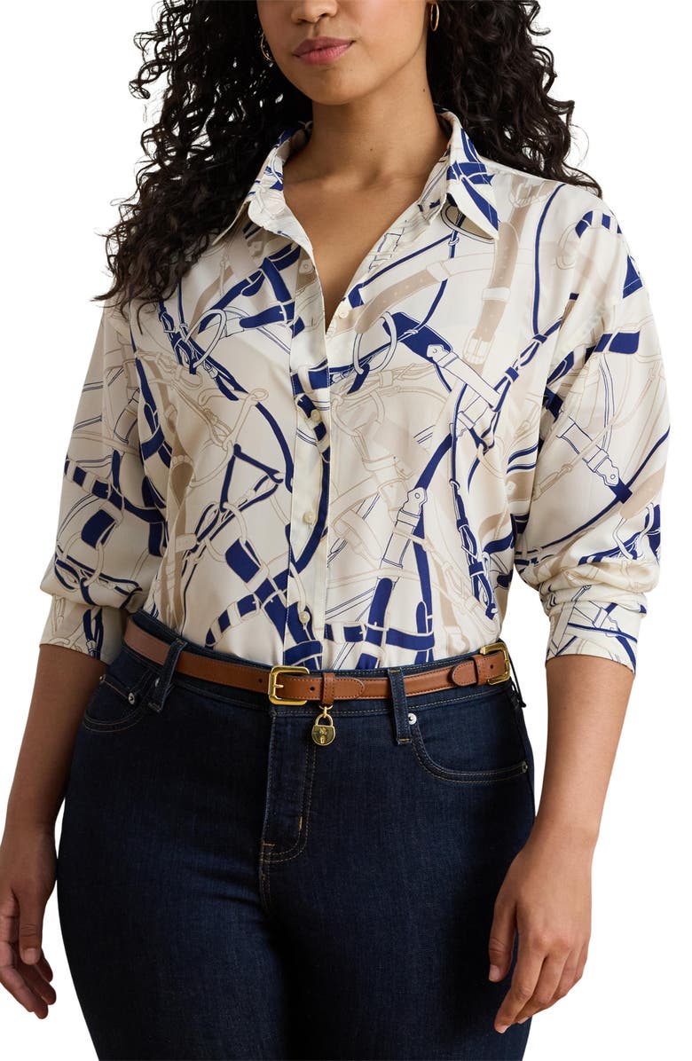 Lauren Ralph Lauren Belting Print Classic Fit Crepe Button-Up Shirt, Main, color, Cream/ Navy