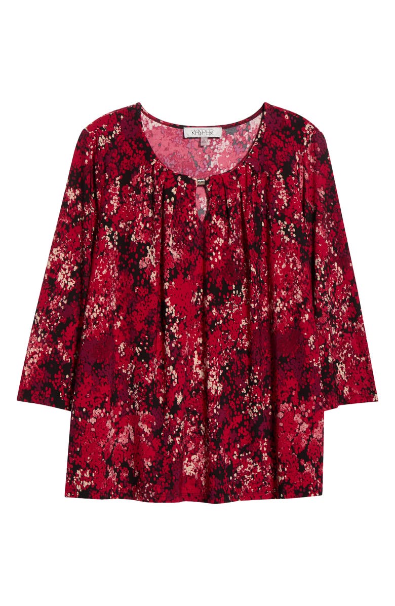 KASPER Pleated Three-Quarter Sleeve Top, Alternate, color, Red/ Black Multi