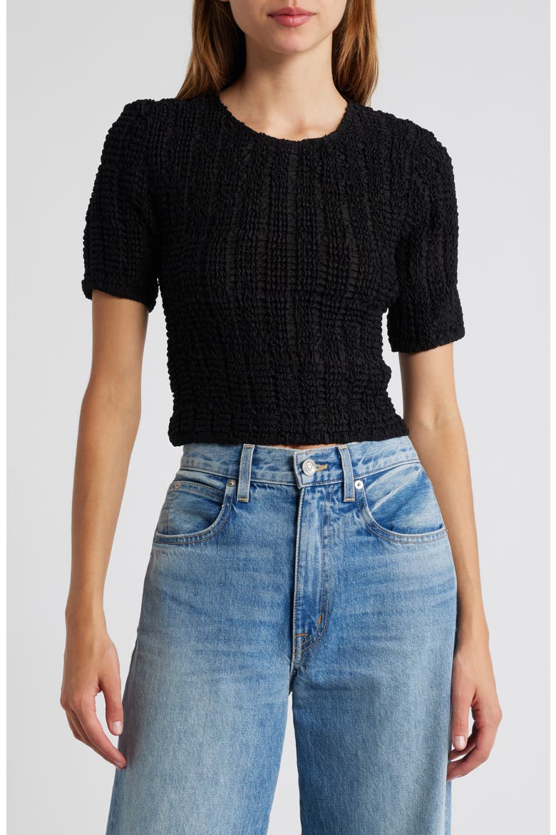 Janet Texture Puff Sleeve Crop Top, Main, color, BLACK