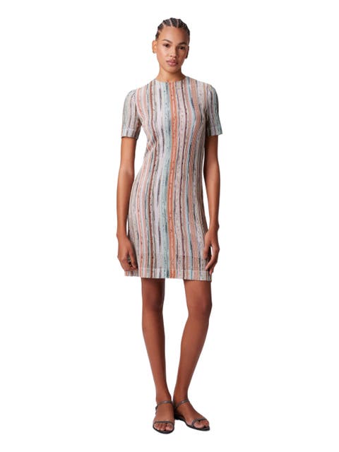 Short-sleeved Mini-dress In Striped Lamé Slub Viscose