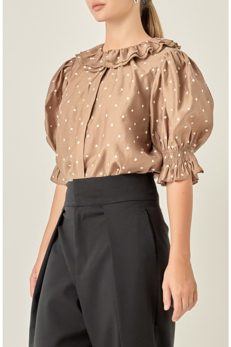 Ruffle Collar Swiss Dot Puff Sleeve Top, Alternate, color, OFF WHITE/ BROWN