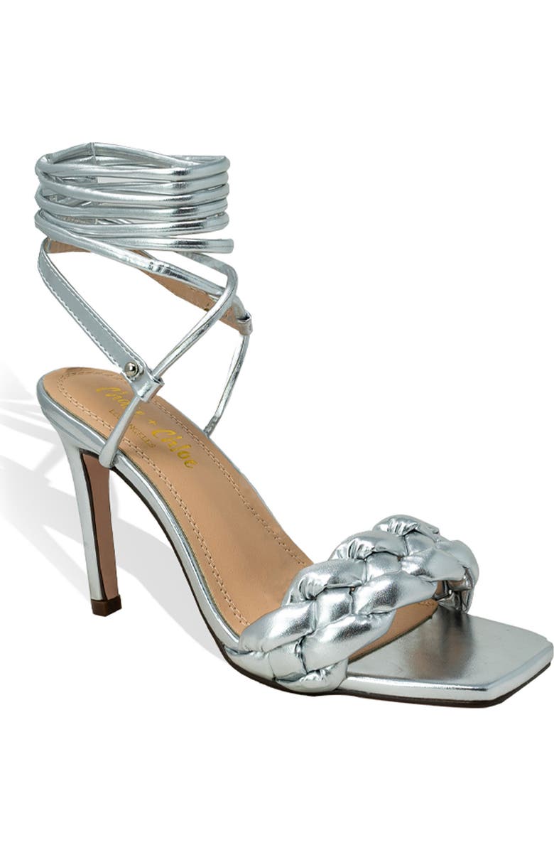 CHASE AND CHLOE Ankle Tie Braided Sandal, Main, color, Silver Metallic