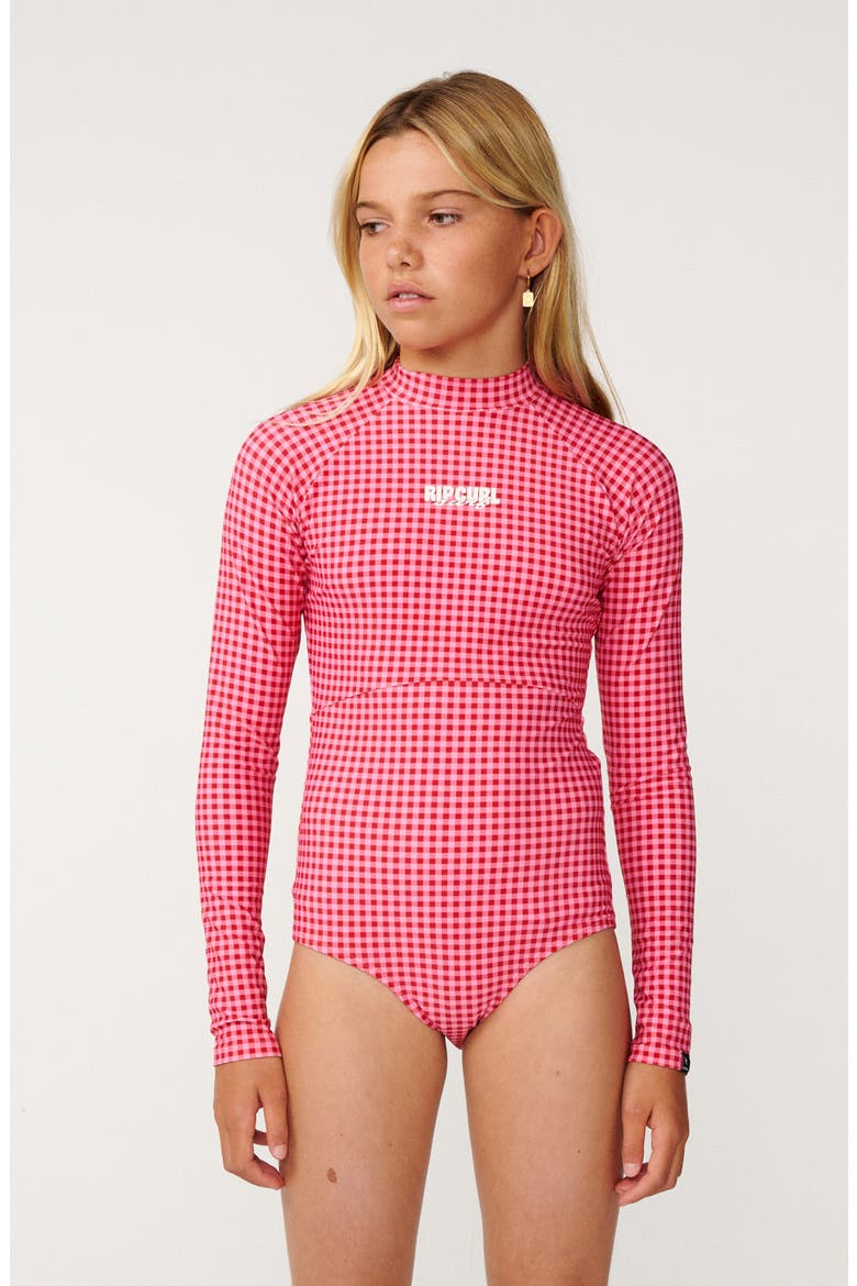 Kids' Island Check Long Sleeve One-Piece Rashguard Swimsuit, Main, color, DEEP RED/ PINK