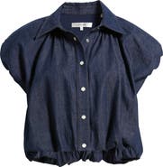 FRAME The Shell Denim Puff Sleeve Crop Top
