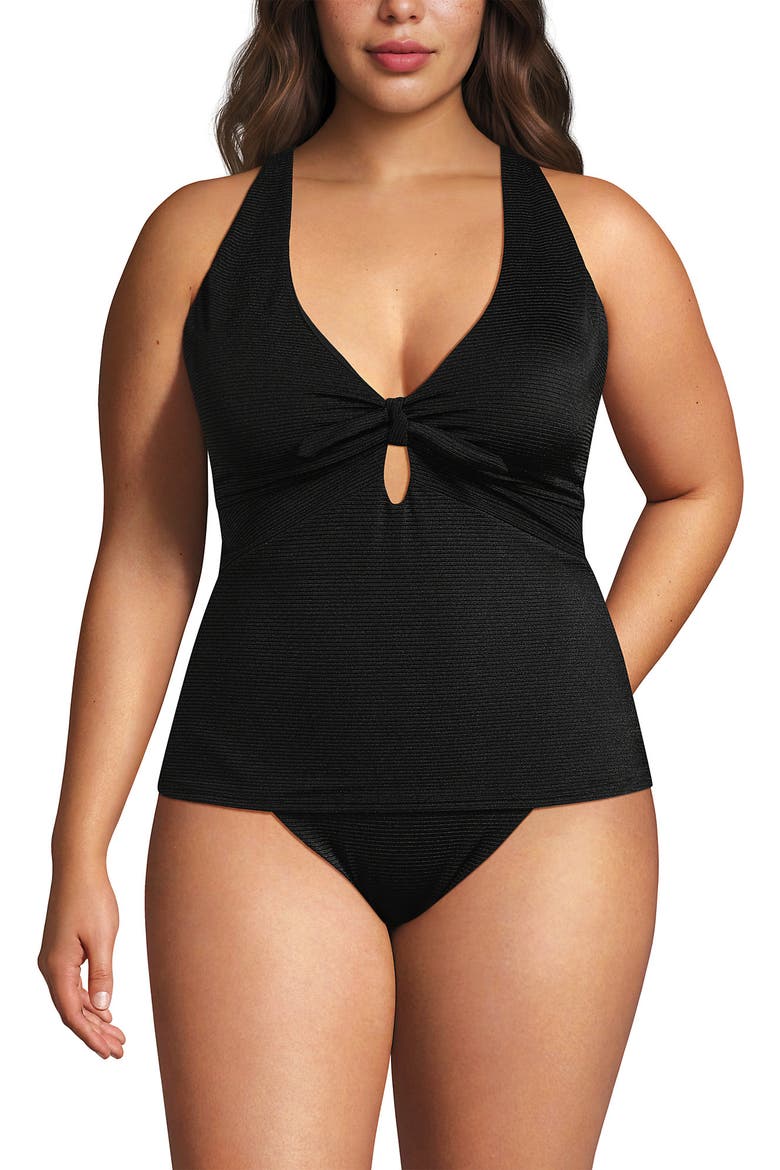 Plus Size Shine Ribbed Tankini Top and High Waisted Bottom Swimsuit Set, Alternate, color, Black Ottoman