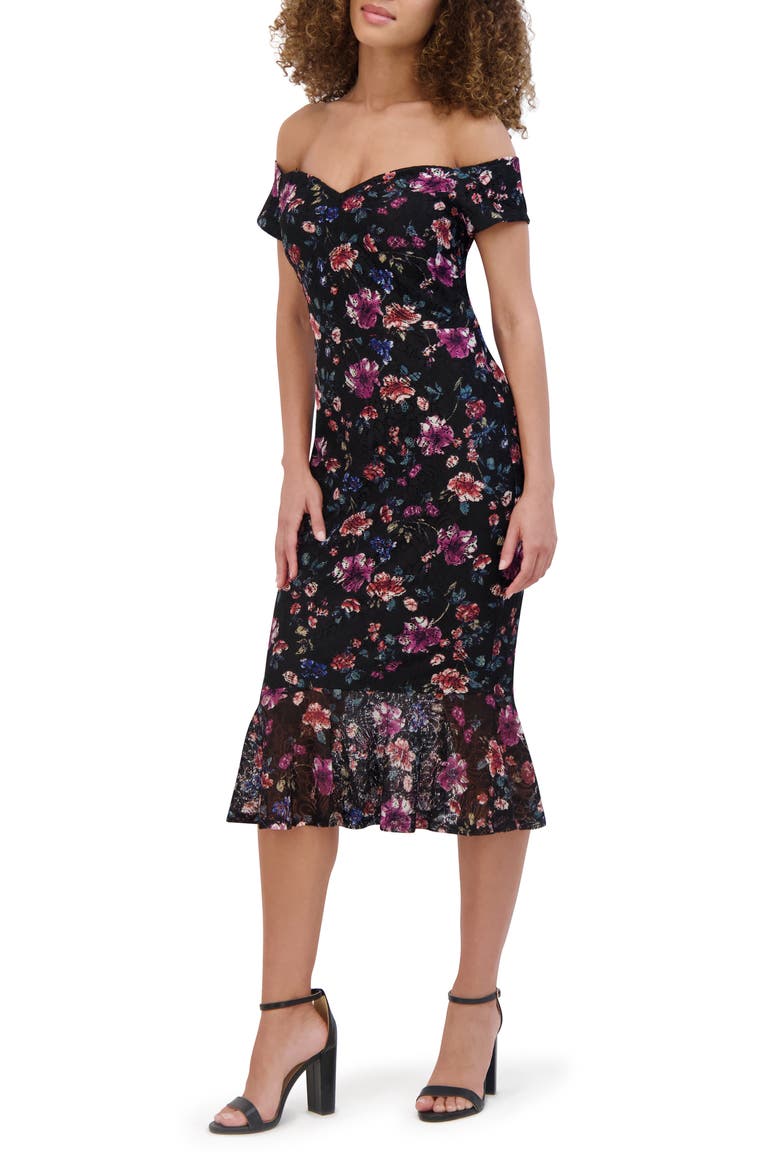 Off the Shoulder Floral Lace Dress, Alternate, color, BLACK MULTI
