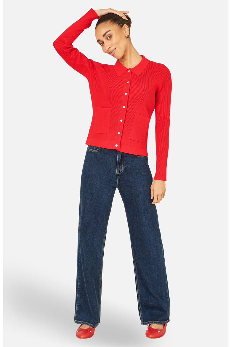 Ribbed Collar Button Up Cardigan, Alternate, color, Red
