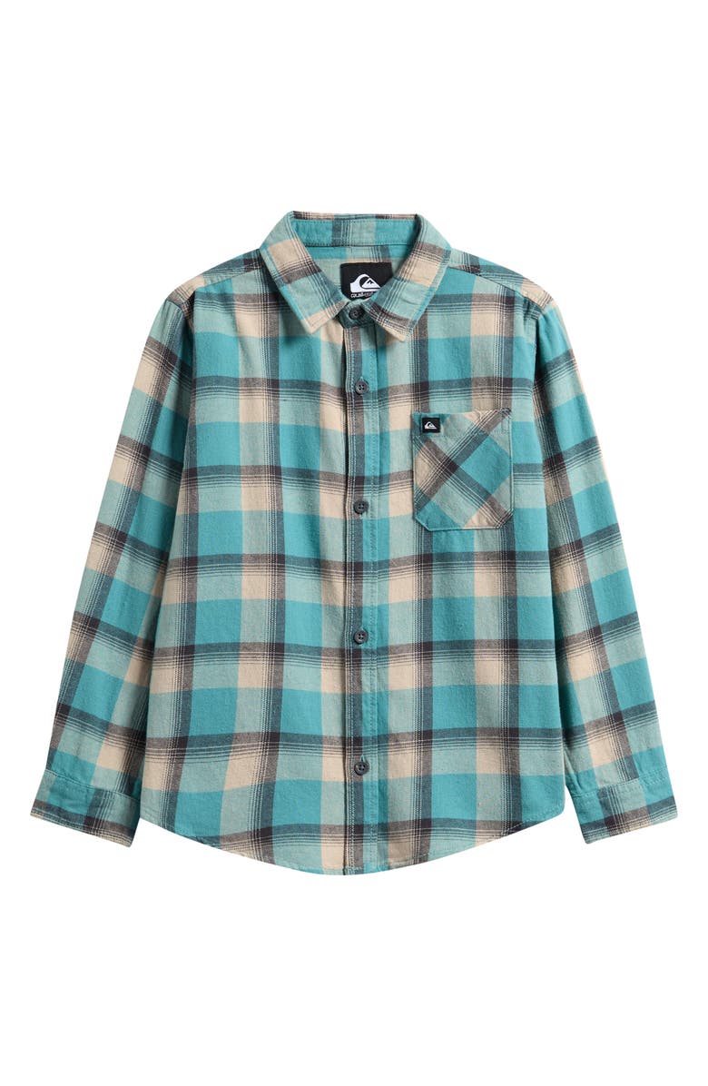 Quiksilver Kids' Porter Plaid Cotton Flannel Button-Up Overshirt, Main, color, Dusty Turquoise