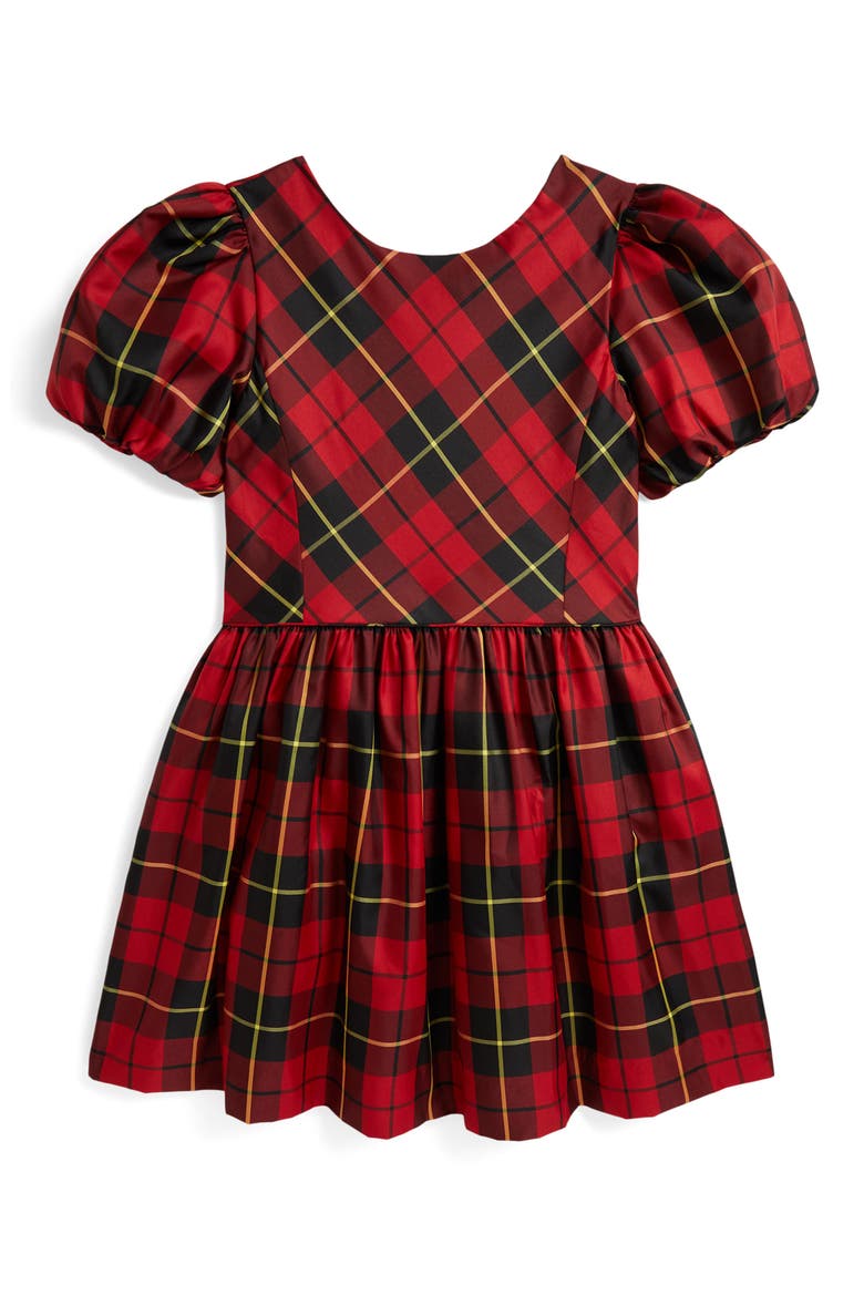 Kids' Plaid Puff Sleeve Taffeta Party Dress, Main, color, MULTI