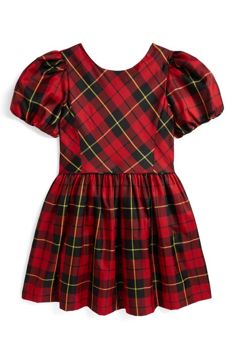 Kids' Plaid Puff Sleeve Taffeta Party Dress