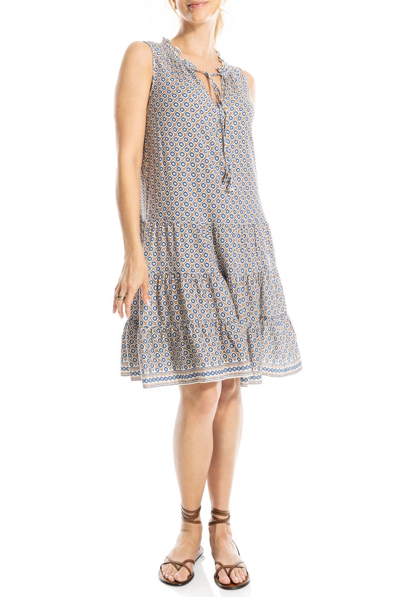 Floral Split Neck Tiered Dress, Main, color, ECRU/ DENIM FLORETTE