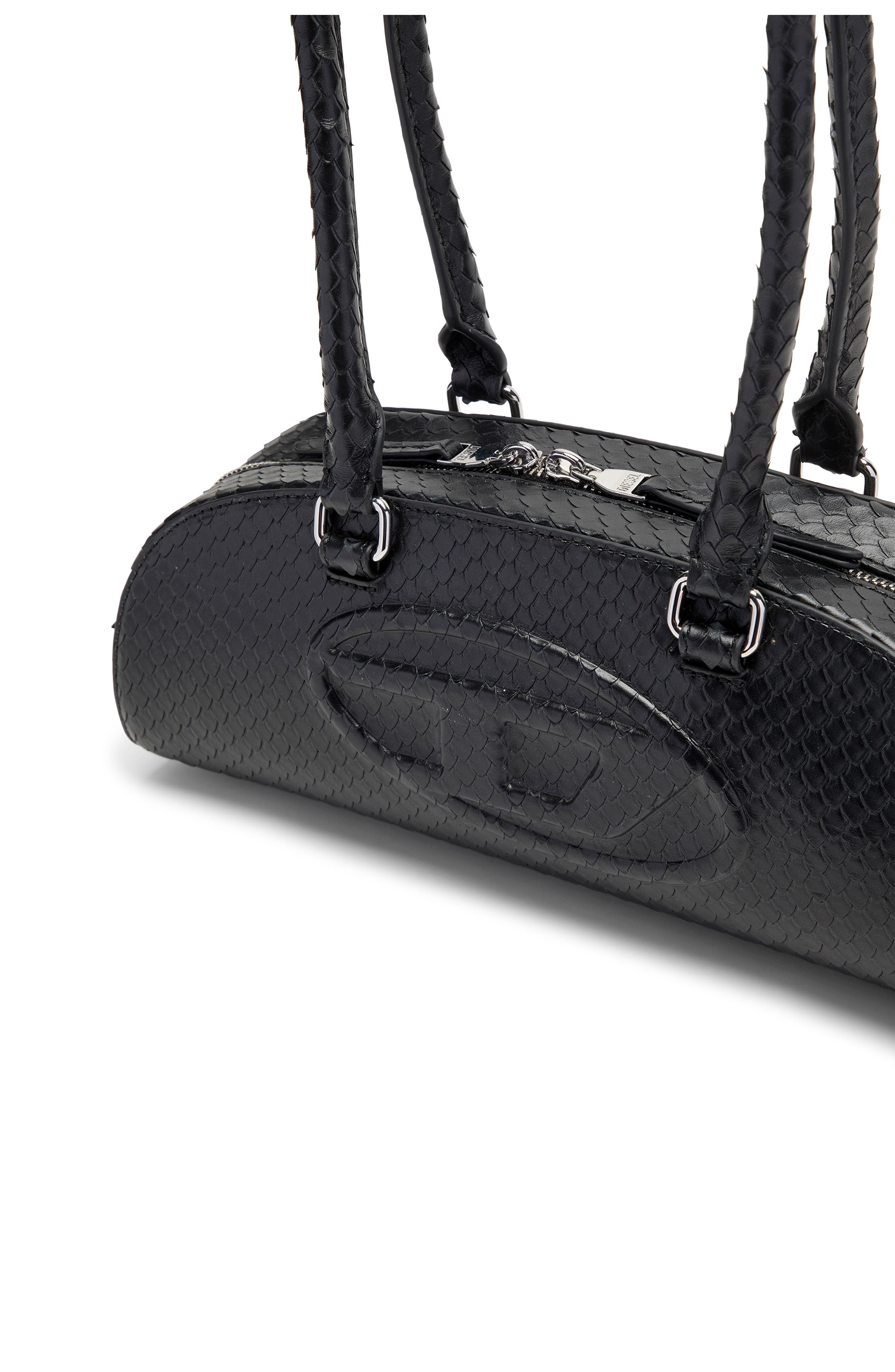 DIESEL<sup>®</sup> 1DR Dome-Elongated Snakeskin Embossed Leather Shoulder Bag, Alternate, color, Black