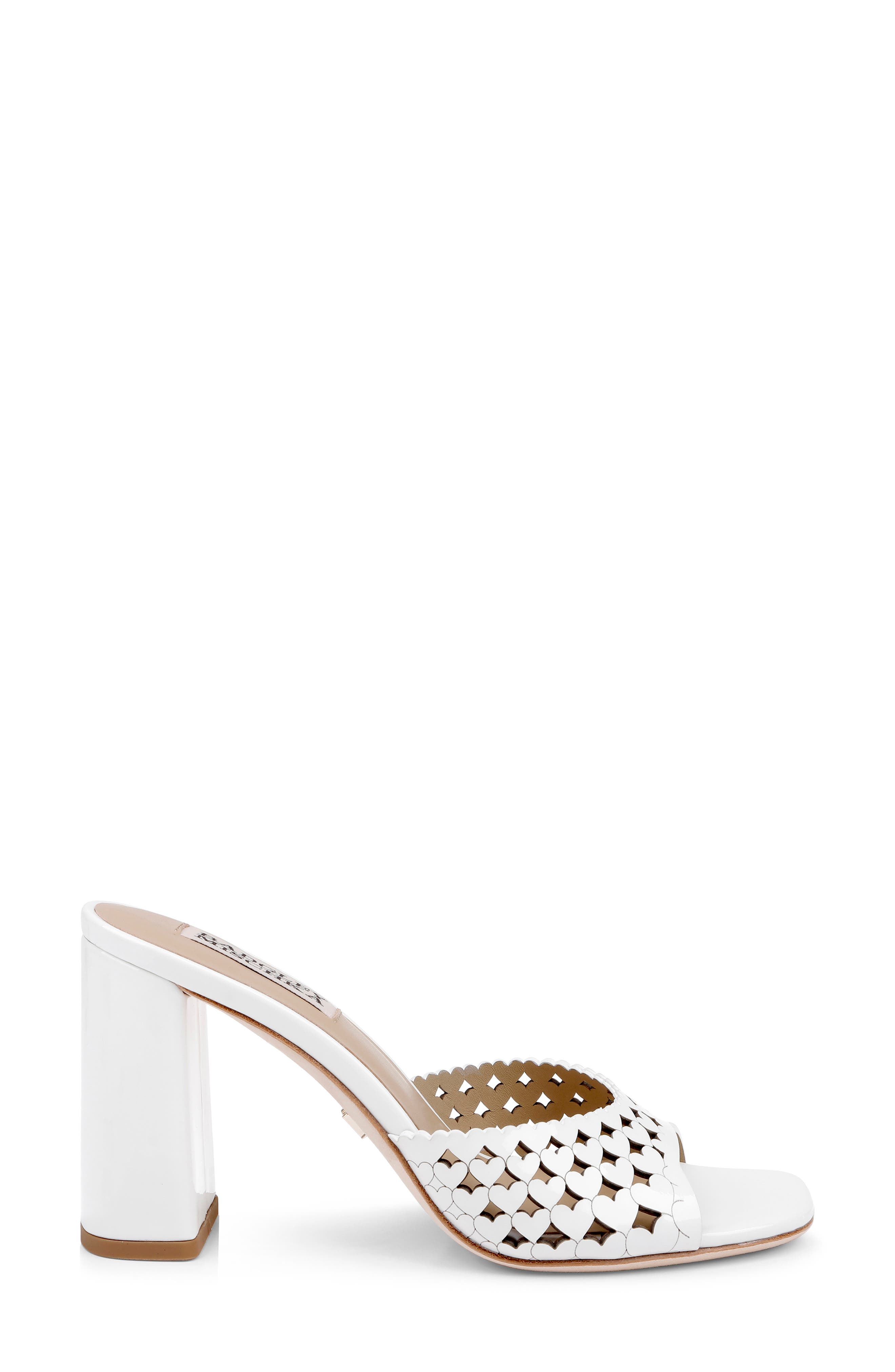BADGLEY MISCHKA Omni Laser-Cut Heart Sandal, Alternate, color, White Patent