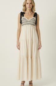 Modenaire Smocked Lace-Trim Maxi Dress