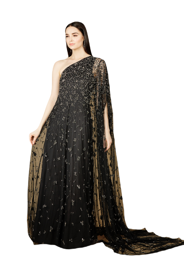 One Shoulder Cape Sleeve Gown, Main, color, Black