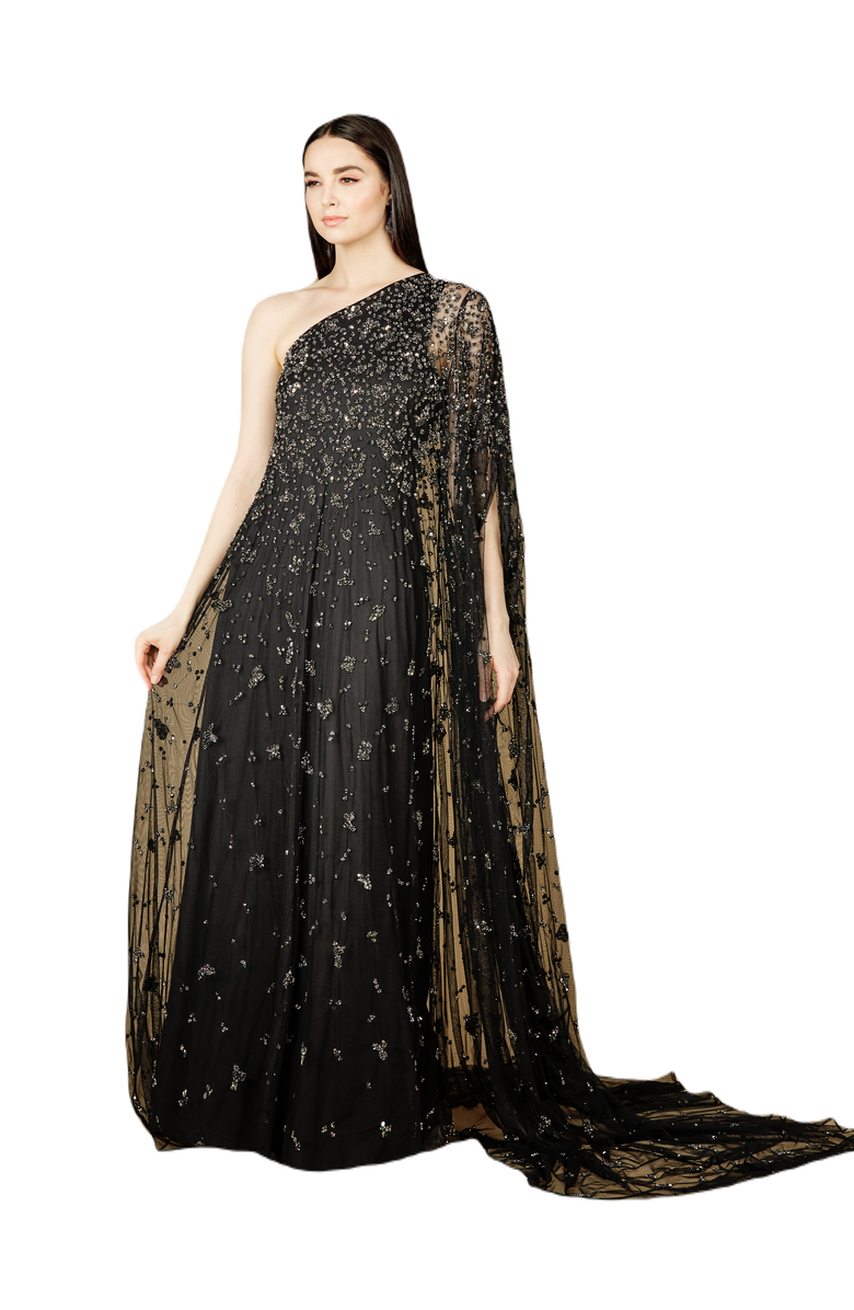 LARA New York One Shoulder Cape Sleeve Gown, Main, color, Black